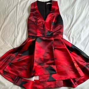 Alice and Olivia Satin Red and black rose mini dress